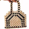 Shoulder Bags Fashion Black Beige Splice Design Women's Vintage Wooden Bead Knitted Mobile Phone Handbag Summer Vacation Beach Bag