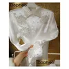 Women'S Blouses & Shirts Womens Korean 3D Flower Heavy Sequins Beaded White Shirt Women High End Satin Collar Long Sleeved Blouse Sum Dhlze