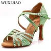 Tanzschuhe Wuxijiao Frauenparty Satin helle Strasssteine weiche Boden lateinrot / blau Salsa Heel 9cm