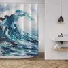 Duschgardiner havsvåg akvarellmålning tryckt polyester tyg badrumsdekor med krokar blå
