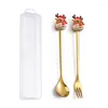 Spoons 2PCS Christmas Gift Glod Spoon Fork Set Elk Tree Decoration Dessert Scoop Fruit Coffee Cutlery Doll