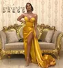 Yellow Gold Sweetheart Satin Mermaid Split Long Prom Dresses Black Girls Ruched Formal Sweep Train Formal Party Evening Gowns2224917