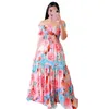 Party Dresses Soft Fabric Maxi Dress A-line Elegant Floral Print Off Shoulder Evening Gown With Pleated Skirt Backless