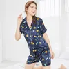 Hemkläder PS0276 Kvinnor Pyjamas Satin Silk Pyjamas Ladies Short Sleeve Sexig Sömmar Sleepwear Female för 2st Print Pyjama Set