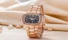 Mulheres de alta qualidade assistem vestidos de moda de moda rosa ouro aço inoxidável Black Diamond Wristwatches Quartz Clock Gifts6726551