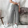 Calças femininas Capris Summer bolso de bolso de cor sólida cintura larga perna larga feminina linho de algodão Lady Lady Pleated Fashion TROUS OTD7W