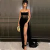 Sexy Black Mermaid Prom Dresses 2023 Strapless Side Split Illusion Girls Formal Ocn Veet Evening Party Dress