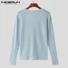 Men's Casual Shirts INCERUN Men Shirt Knitted Solid Color V Neck Long Sleeve Clothing Streetwear Korean Style 2024 Leisure S-5XL