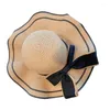 Berets Handmade Straw Hat Elegant Ribbon Bow Decorated Sun For Women Party Simple Beach Lady Knitted