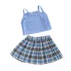 Clothing Sets Girl Summer 2 Piece Set Square Neck Spaghetti Strap Waffle Tops Elastic Waist Plaid Pleated Skirt Infant Toddler Outfits