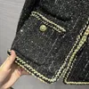 Women's Jackets Black Sparkling Sequined Woven 2024 Covered Button Soft Tweed Long Sleeve Jacket Tops