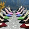 Luxury Designer Women's Slingers Vintage High Heels Mid-heel Buckle Slingers Stängt metallbokstavskedja Pointy Leather Dress Shoes 10.5 cm