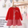 Giyim Setleri Sonbahar Çocuk Bebek Kızlarının Uzun Kollu Örgü Takım Kazak Elbise Ekose Yelek İki Parça