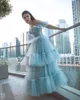 Party Dresses 2024 Light Blue Ruffled Long Prom Homecoming Borning Tiered Formal Evening Ball Gowns Dress