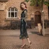 Casual Dresses Women Black Faux Leather Dress Hollow Out Gold Floral Lace Formal Midi Party Patchwork Night Clubwear