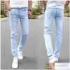 Мужские джинсы мужчины растягивают худой мужской дизайнерский бренд супер упругие прямые брюки Slim Fit Fashion Drop Delive Clothing Dhfkt