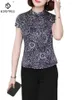Kvinnor Blueses Birdtree Stand Short Sleeve Print 90,1% Mulberry Silk Shirt For Women Slim Fashion ol 2024 Spring Top T42303QM