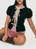 Kvinnors T-skjortor yoawdats kvinnors kort ärmkontrast trim främre tre bowknot bindning öppna blusar mode sommar avslappnad toppar