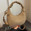 Drawstring Women Ruched Shoulder Bag Solid Color Denim Pleated Crossbody Zipper Closure Half Moon Sling Daily For Ladies
