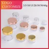 Opslagflessen 100 stcs 3/5/10g heldere pot 15g gouden deksel crème Pot leeg ps plastic oog serum kast cosmetisch pakket 50g container