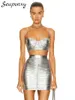 Work Dresses High Quality Silver 2024 Summer Women'S Fashion Slim Suit Sexy Sleeveless Suspender Top Pleated Miniskirt Party 2 Two-Piece Set