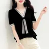 Women's T Shirts Summer Fashion Scarf Collar Patchwork Knitting T-shirt damer Kort ärm Casual Loose All-Match Pullover Top Women Tee