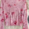 Women's Blouses Chic Tie Dye Print Mesh Asymmetric T Shirt Gauze Vintage Top Sexy Bodycon Crop O Neck Long Sleeve Tees Women Streetwear