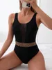 Swimwear Women 2024 Sexy Mesh Swimsuit One Piece Solid Femme Bathing Femed Femme Bodys de la plage Summer Body