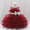 Abiti da festa per matrimoni rosa soffici di boccone per bambino 2-8 anni con paillettestri di battismo di battismo di compleanno Principessa vestito estate in pizzo 240407