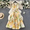 Lässige Kleider 2024 Frühlings Sommer Blumendruck Urlaub Midi Kleider Vintage Frauen gegen Nackenhülse Weste Jacquard Gürtel BLL Kleid Vestidos