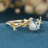 Pierścienie klastra eleganckie liść w kształcie liści okrągły naturalny zielony kamień pierścień mchu zaręczyny 925 Srebrny zespół dla kobiet Prezent biżuterii