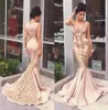 2021 Nuovi abiti da sera in pizzo dorato rosa blush Appliques perle sirena abiti da sera arabi formali abiti da ballo senza maniche p5226293