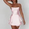 Casual jurken Solid Color Satin Dress Sexy Clubwear Women Spaghetti -riem Ruffled Hem Short Backless Lace Up Party Vestidos