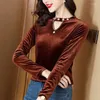 Women's T Shirts Autumn Winter Women Stylish Sexy Hollow Beaded Chic Gold Velvet Shirt Solid Long Sleeve Slim Elegant Basic Tops Ropa De