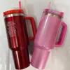 New Ready To Ship 40oz H2.0 Mugs Double wall Stainless Steel Straw Cup With Lid Handle Mugs Ice Sipper Tumblers Pink Cosmo Winter Pink