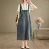 Casual Dresses Denim Oversized Summer Midi Sleeveless Strap Dress Women Flower Embroidery Modis Ladies Loose Pleated Woman