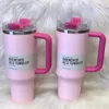 New Ready To Ship 40oz H2.0 Mugs Double wall Stainless Steel Straw Cup With Lid Handle Mugs Ice Sipper Tumblers Pink Cosmo Winter Pink