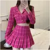 Zweiteiliger Kleid im Herbst kleine Duft Vintage T Set Women Crop Top Woll Kurzjacke Mantel Miniröcke Sets süße 2 Anzüge 220725 Drop dh80a