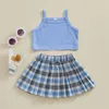 Clothing Sets Girl Summer 2 Piece Set Square Neck Spaghetti Strap Waffle Tops Elastic Waist Plaid Pleated Skirt Infant Toddler Outfits