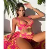 Elegant Retro Printed Bikini Three Piece Set High Waisted Sexy Swimsuit with Cover Up Skirt for Springs Beach Vacation 240411