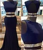 Vestidos de graduación de dos piezas azul marino 2016 Train de barrido personalizado Back Hollow Hollow Real Formal Vestidos Vestidos de Festa5256536