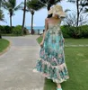 Casual Dresses Summer Vintage Green Print Off Shoulder Party Strapless Long For Women Sexy Club Boho Backless Pleated Sundress Romantic