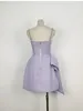 Casual Dresses Light Luxury Dress Women French Rhinestone Spaghetti Strap Tweed Mini Elegant Purple Bowknot Short Party Vestidos