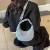 Drawstring Women Ruched Shoulder Bag Solid Color Denim Pleated Crossbody Zipper Closure Half Moon Sling Daily For Ladies