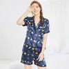 Hemkläder PS0276 Kvinnor Pyjamas Satin Silk Pyjamas Ladies Short Sleeve Sexig Sömmar Sleepwear Female för 2st Print Pyjama Set
