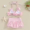 Unidades de una sola 0-24m Swimsuits para niñas Bikini Sets 2024 NUEVO HALTER DE FLORES 3D UP arriba y la falda de malla pantalones pantalones de baño para niños