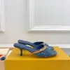 Designer tofflor skor kvinnor sandaler mode denim tryck lapptäcke kohud kitten häl moccasins 35-42 5 cm hög häl novelty tofflare jk00001