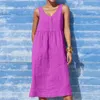 Casual Dresses Women Summer Cotton Linen Simple V Neck Loose Sleeveless Button Dress Vintage Temperament A Line Beach