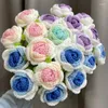 装飾的な花完成品の氷粉砕青色のグラディエントローズブーケ織物diy手作りバレンタインバレンタインバースデーギフトウールかぎ針編み