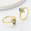 Cluster Rings Cocktail 925 Sterling Silver Kite Shape Natural Stone Green Moss Grass Agate Solitaire Ring For Women Anniversary Gift Jewelry